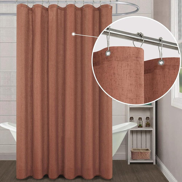 KOUFALL Boho Shower Curtain,Terracotta Rust Colored Linen Fabric Cloth Waterproof Western Bohemian Shower Curtain Set with Hooks for Bathroom Decor