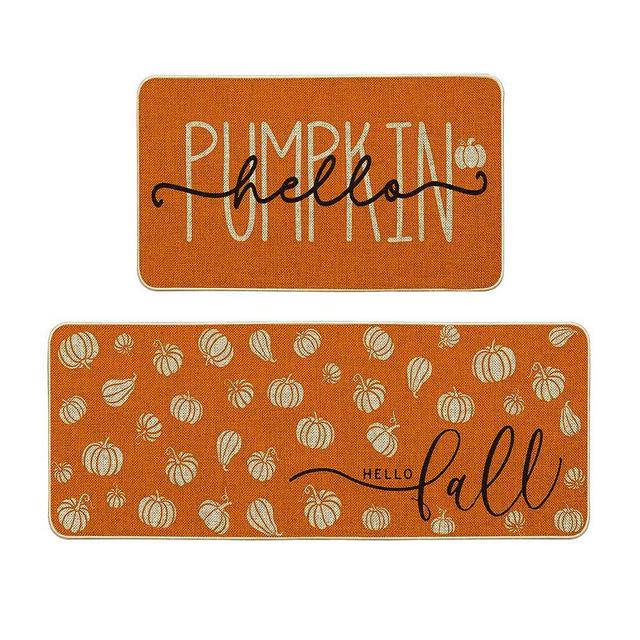Artoid Mode Orange Hello Pumpkin Fall Kitchen Mats Set of 2, Autumn Home Decor Low-Profile Kitchen Rugs for Floor - 17x29 and 17x47 Inch