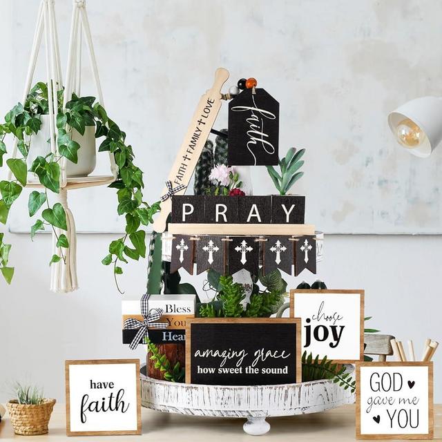 Tatuo 13 Pcs Religious Tiered Tray Decor Set Faith Wooden Table Decor Christian Farmhouse Decorations Rustic Faith Pray Cross Wood Block Signs for Home Church Tabletop Centerpieces Easter Decor