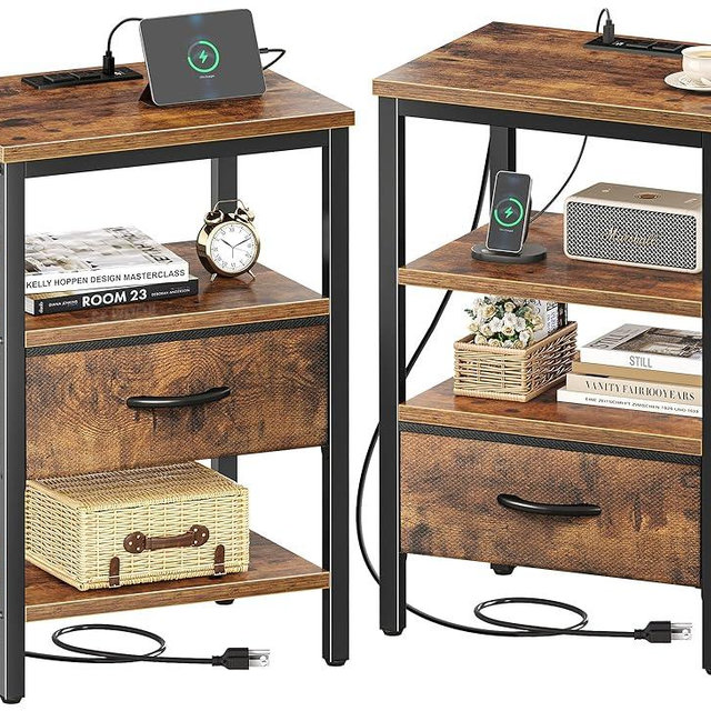 SUPERJARE Nightstand Set of 2, Bed Side Tables with Charging Station, Adjustable Fabric Drawer, Night Stand for Bedroom, 3-Tier Storage End Tables, for Living Room, Rustic Brown