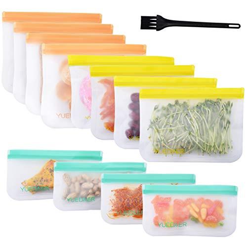 Yuedaer Reusable Food Storage Bags 12 Pack Reusable Zip Lock Bags Freezer Bag Safe for Snacks Sandwich Reusable Food Storage Organization Sets Lunch Leak Proof Baggies with a Cleaning Brush