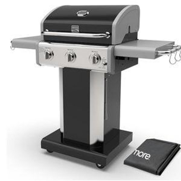 Kenmore 3-Burner Propane BBQ Grill, 30,000 BTUs Gas Grill with Cast Iron Cooking Grates, Folding Side Tables & Wheels, Outdoor Grill with Tool Hooks, Black + Bonus Cover