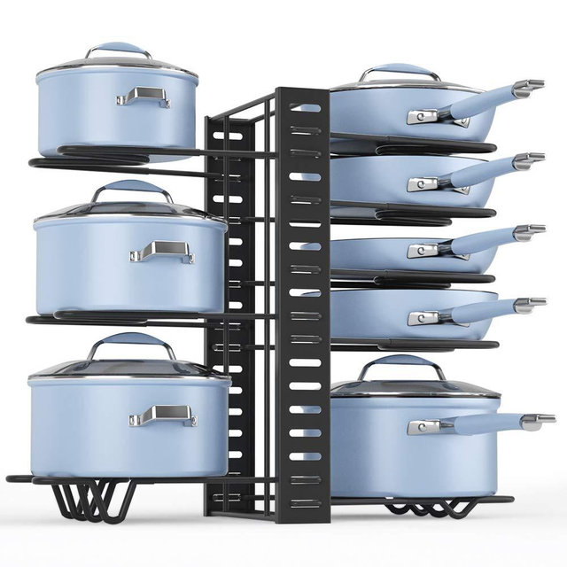Felibeaco Adjustable Pots & Pans Organizer Rack with 3 DIY Methods, Heavy Duty Iron Construction Pans and Pots Lids Storage Holder for Kitchen Counter Cabinet, Horizontal or Vertical Use,Black,8 Tiers