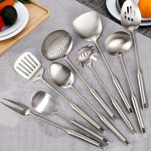 NIITAWH 304 Stainless Steel Kitchen Utensils, 9 PCS Metal Cooking Utensils Set, Solid Spoon, Slotted Spoon, Fork, Spatula, Ladle, Skimmer Spoon, Slotted Spatula Tunner, Spaghetti Spoon, Large Spoon