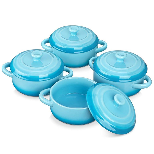 LOVECASA Mini Cocotte Set,12 OZ Small Casserole Dishes with Lids,Cocotte with Lid,Soup Bowls With Handles,Individual Ramekins with Lids,Oven, Microwave & Dishwasher Safe,Set of 4,Blue