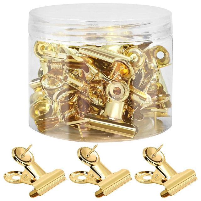 Golden Push Pins Clips (30 Pcs), Upgraded Thumb Tacks with Metal Clips for Cork Board, Bulletin Board Photos Notes Documents, No Hole Paper Clips Durable Office and School Supplies with Stronger Glue