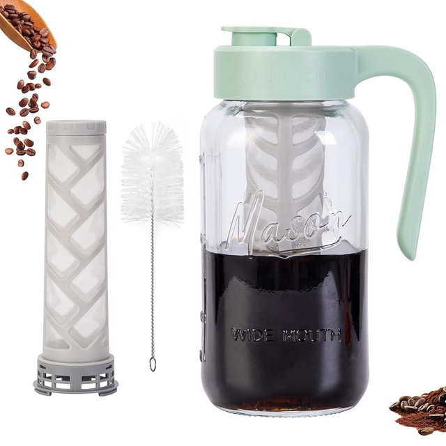 Spreccio Cold Brew Coffee Maker Glass, Airtight & Leakproof Mason Jar Pitcher with Cold Brew Filter, 64 oz Glass Pitcher with Lid for Iced Coffee, Lemonade, Ice Tea