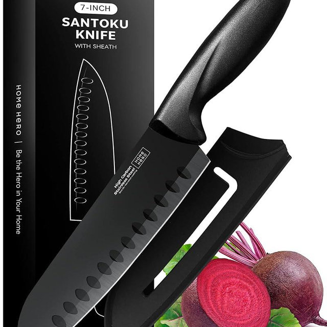 Home Hero 2 Pcs Santoku Knife with Sheath - High Carbon Stainless Steel Chopping Knife with Ergonomic Handle - Razor-Sharp Multi-Purpose Kitchen Knife for Chopping Vegetable and Cooking (Black)