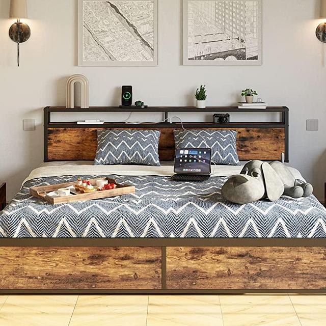 LIKIMIO King Bed Frame with Storage Drawer, 2-Tier Storage Headboard with Charging Station, No Box Spring Needed, Easy Assembly, Vintage Brown