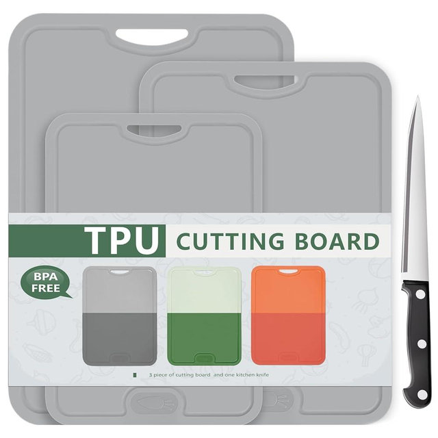 Gintan Flexible TPU Cutting Board with Knife and Juice Groove, BPA Free Flexible Chopping Boards for Kitchen Dishwasher Safe Easy Grip Handle(L+M+S-Grey)