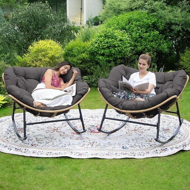 FINCATI 2 PCS Indoor Outdoor Papasan Rocking Chair, Oversized Double Wide PE Wicker Recliner with Cushion and Frame, 700 lbs Capacity, Comfy Lounge Chairs for Reading, Bedroom, Balcony & Garden Grey
