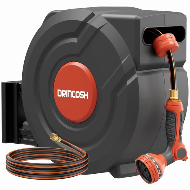 Upgraded Retractable Garden Hose Reels 130 ft X 1/2" PRO Metal Bracket 180° Swivel Any Length Lock Heavy Duty Water Hose Reels Wall Mount 9 Pattern Nozzle Garden Watering