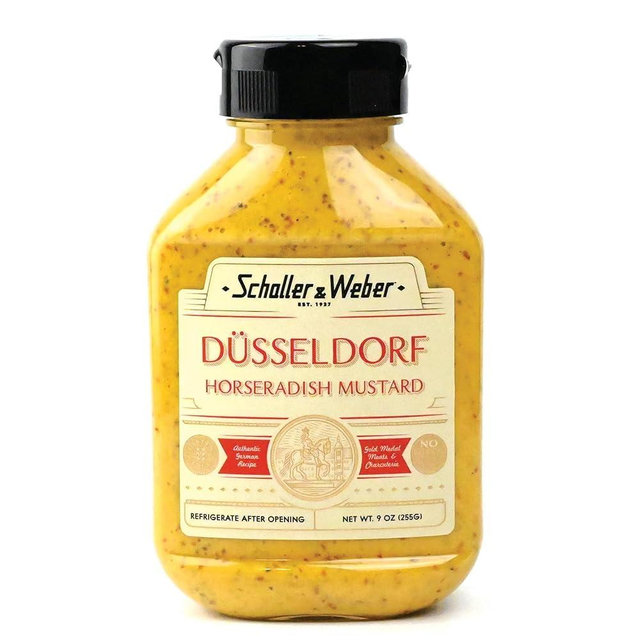 Schaller & Weber Dusseldorf Horseradish Mustard, 9 Oz Squeeze Bottle (1 Pack) | Hot German Mustard with Horseradish, All Natural Deli Mustard for Sausages, Pretzels & Sandwiches