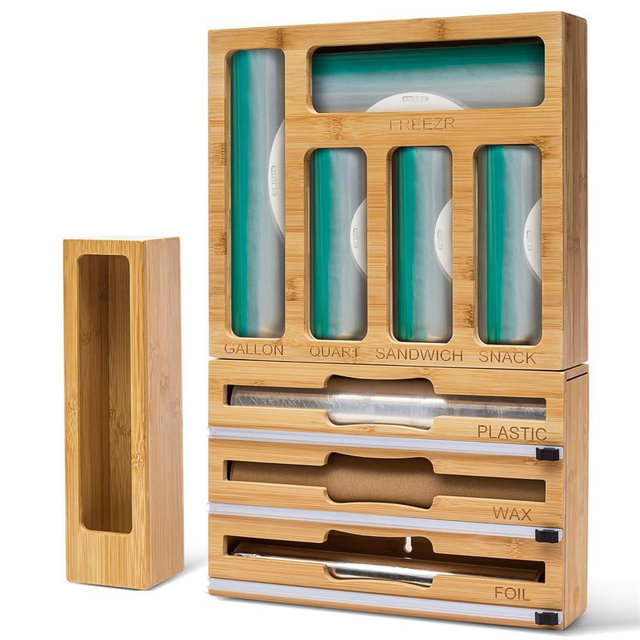 Bamboo Ziplock Bag Organizer for Drawer, Foil and plastic Wrap Dispenser with Cutter for Kitchen, 9 in 1 Ziplock Bag Organizer storage for Snack, Gallon, Sandwich and more