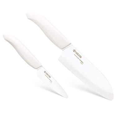 Kyocera FK-2PC-WW Advanced Ceramic Revolution Series 3-inch Paring and 5-1/2-inch Santoku Knife Set, White Handle, Blade, 5.5 INCH, 3 INCH