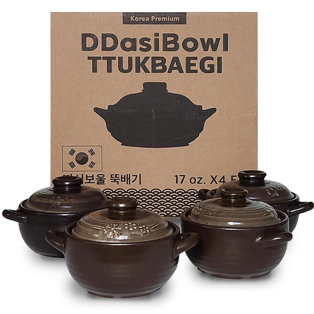 DDasiBowl – 4-Pack Korean Clay Pots (17oz / 500ml) with Lids & Handles – Ttukbaegi Stone Bowls for Cooking Bibimbap, Donabe Style Korean Clay Cookware – Oven & Stovetop Safe