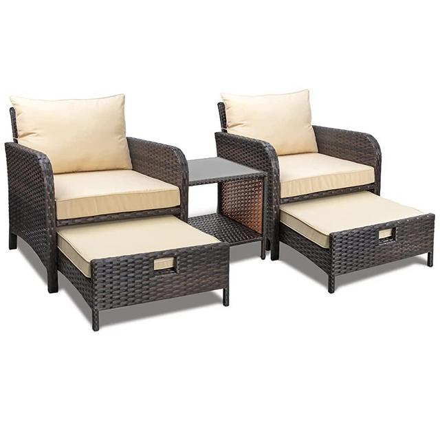 LeveLeve Balcony Furniture 5 Piece Patio Conversation Set, PE Wicker Rattan Outdoor Lounge Chairs with Soft Cushions 2 Ottoman&Glass Table for Porch, Lawn-Brown Wicker (Sand)