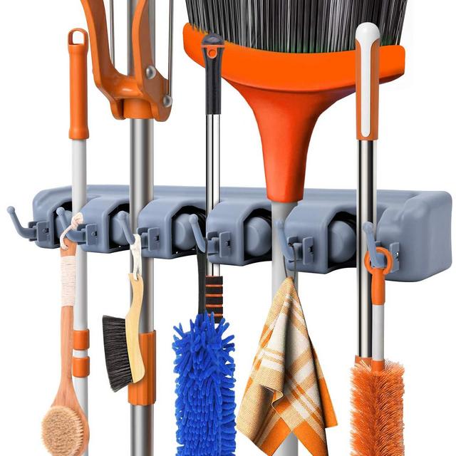 Mop Broom Holder Wall Mounted Kitchen Hanging Garage Utility Tool Organizers and Storage Rack For Commercial Bathroom Laundry Room Closet Gardening (Grey)