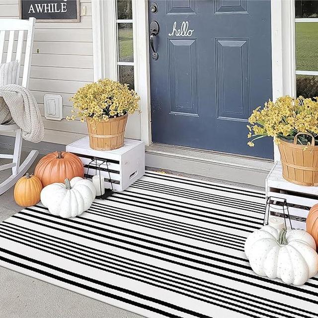OJIA Black and White Outdoor Rug 3' x 5', Machine Washable Fall Front Door Mats Outdoor, Cotton Hand-Woven Striped Porch Rug Entryway Rug Indoor/Outdoor Area Rug Floor Mat for Farmhouse/Living Room