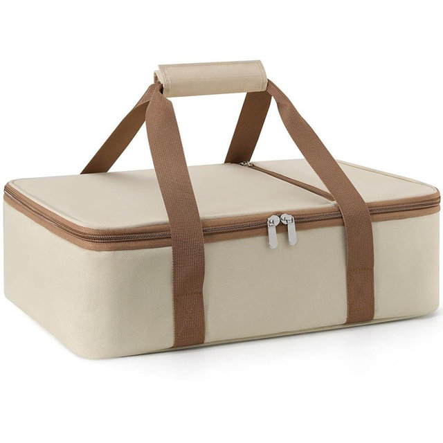 MIAOJIE Insulated Casserole Carrier for Hot or Cold Food,Pie Carrier Bag Lunch Tote for Potluck Parties/Picnic/Cookouts, Fits 9"x13" Baking Dish,Single Beige