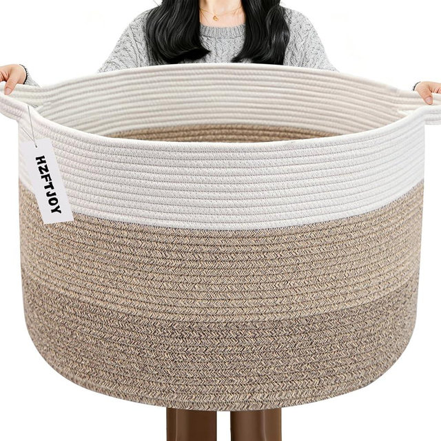 HZFTJOY 65L Large Blanket Basket,Woven Rope Laundry Basket Hamper with Handles,Decorative Nursery Basket Storage Bin for Toys, Pillows, Clothes Organizer, Living Room, Bedroom, Bathroom, Brown
