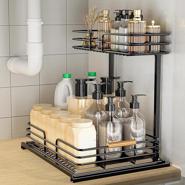 Under Sink Organizers and Storage, 2-Tier Bathroom Kitchen Cabinet Organizers and Storage, Pull Out Under Sink Storage for Bathroom Kitchen, Kitchen Shelf Organizer Under Counter Storage Organizer