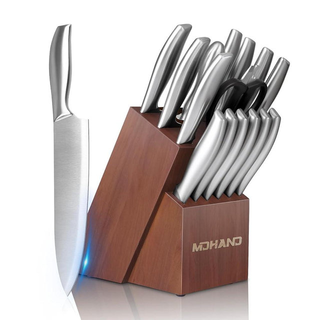 MDHAND 16 Pieces Knife Set with Block, Professional Stainless Steel Chef Knife Set, Ultra Sharp Knife Set with Block and Sharpener, Dishwasher Safe, Lightweight and Strong, Home Essential Gifts