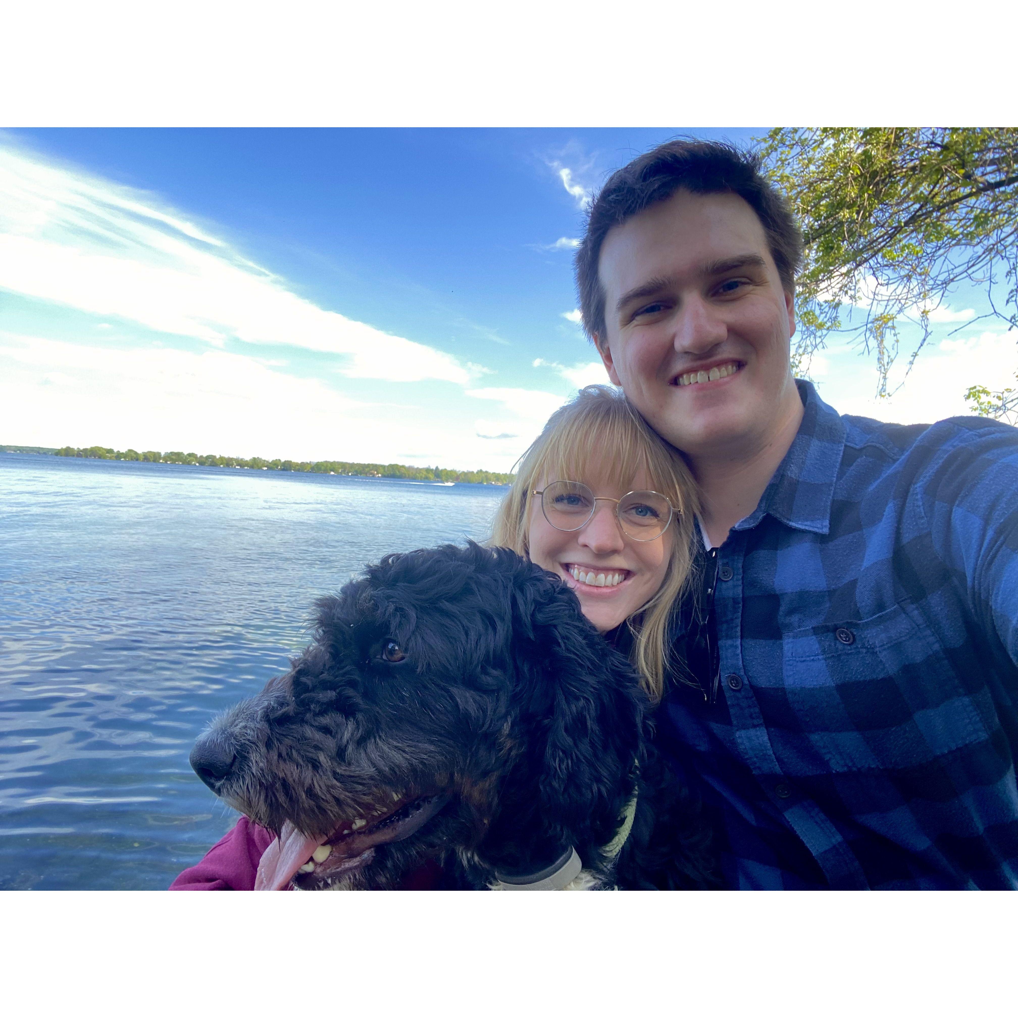 Kailee & Quentin walking Kinzie by Lake Simcoe. May 28th, 2022