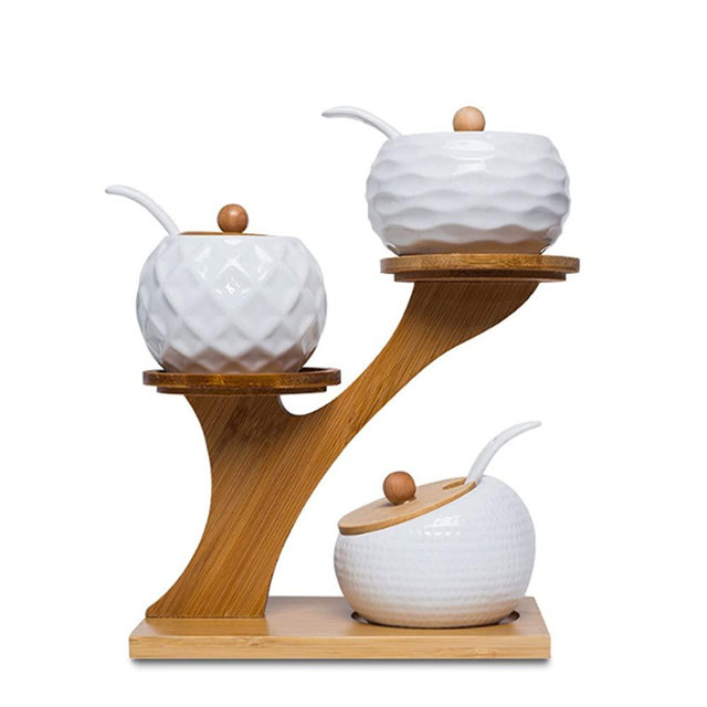 Porcelain Condiment Jar Set, Spice Jars with Bamboo Lids and Spoon, Wooden Tray, 170 ML (5.8 OZ), Used to Store Tea, Spices, Coffee, Set of 3（White)