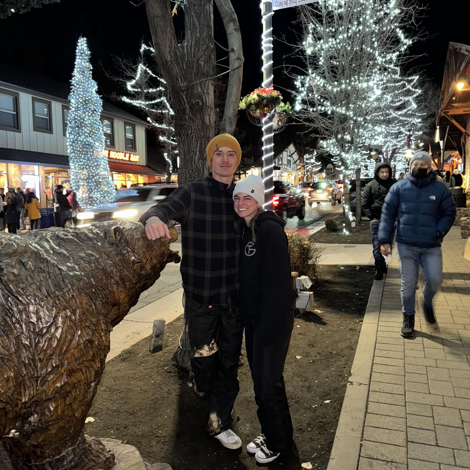 Us in Big Bear Village grabbing a bite to eat after snowboarding!