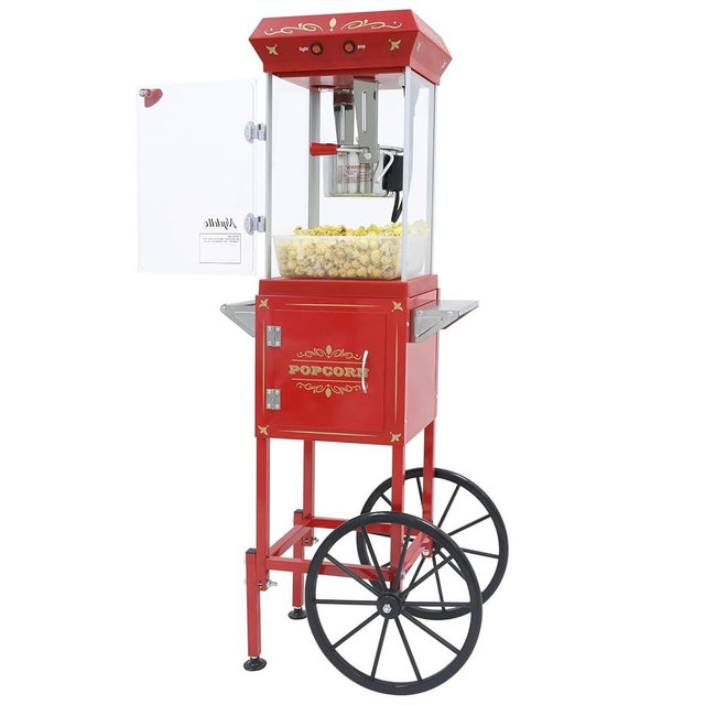 Nyddle Popcorn Machine Maker With 8 Oz Kettle Makes Up to 32 Cups Popcorn Machine Cart Vintage-Style Popper on Wheels Popcorn Machines for Home (Red)