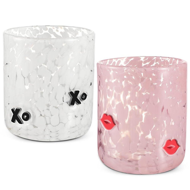 Skylety 2 Pcs Valentine Icon Juice Glass Rocks Glasses Wine Stemless Double Old Fashioned Icon Hand Blown Cocktail Cups 14-ounce Couple for Women Home Decor Lovely Gifts