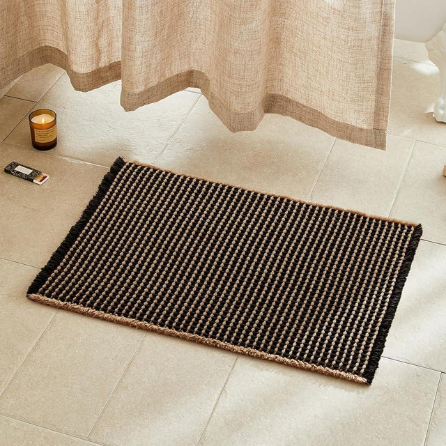 TYUU Waffle Bath Mat, Boho Bathroom Rugs Non Slip Washable Super Absorbent Quick Dry Bath Mat Farmhouse Bathroom Decor, 30"x20" Khaki and Black