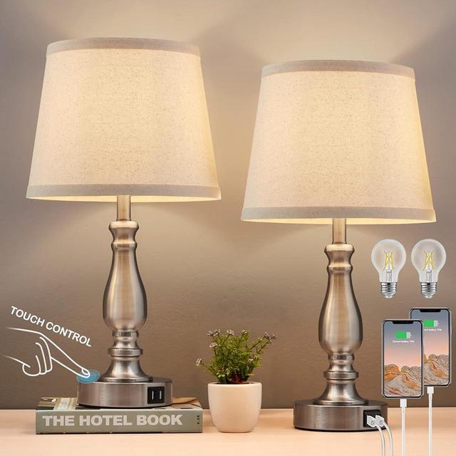 Lamps for Bedrooms Set of 2, Brushed Nickel Bedside Lamps with USB Ports, 3 Way Dimmable Nightstand Lamps with Fabric Lampshade, Touch Table Lamp for Living Room Bedroom Office, Bulbs Included