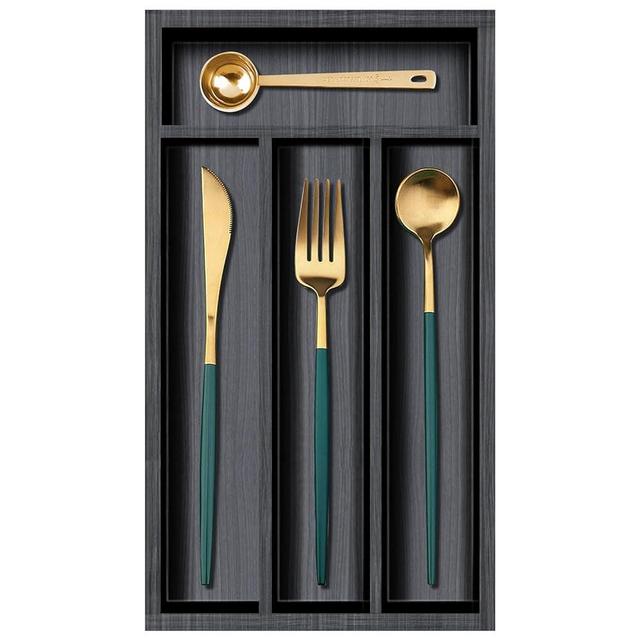 Small Cutlery Tray Narrow Wooden Silverware Organizer 11.8" x 6.7" Spoon Drawer Kitchen Utensil Tray for Drawer Insert Bamboo Cutlery Drawer Organizer Black Wood Silverware Tray Flatware Organizer