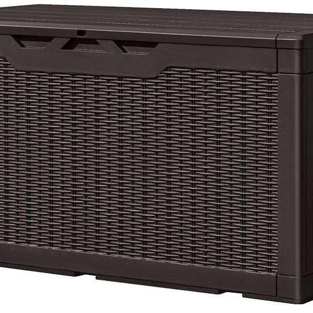 Greesum 100 Gallon Resin Deck Box Large Outdoor Storage, Imitation Rattan Weave Texture for Patio Furniture, Garden Tools, Pool Supplies, Weatherproof and UV Resistant, Lockable, Dark Brown