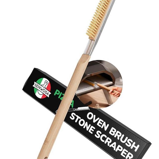 Senwosa 22” Pizza Oven Brush with Stone Scraper - Heat-Resistant Stainless Steel Bristles, Long Handle, Compatible with Ooni, Gozney, Ninja & Similar Ovens