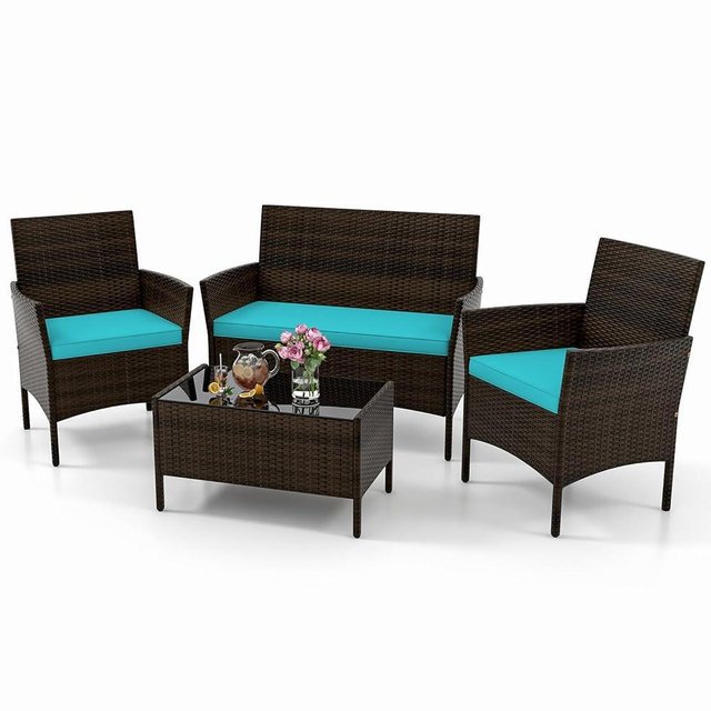 KOTEK 4 Piece Patio Furniture Set, Outdoor Rattan Conversation Set with Loveseat, Wicker Chairs, Tempered Glass Coffee Table, Wicker Patio Set for Backyard, Porch (Turquoise)