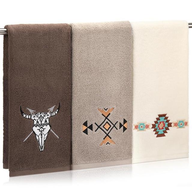 SmoothNovelty 3 Pcs Western Aztec Hand Towels 14 x 29 Inch Cotton Embroidered Cow Bull Skull Southwest Sunset Bathroom Hand Towels Boho Aztec Theme Decorative Washcloth for Kitchen Vintage Decor