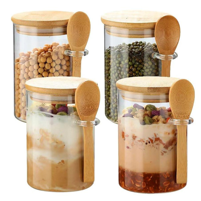 Recceng 4 Pack Overnight Oats Glass Containers with Lids and Spoons, 17 OZ Glass Jars with Spoons and Lids for Loose Tea, Meal Prep Jars with Bamboo Lids for Chia Pudding, Yogurt