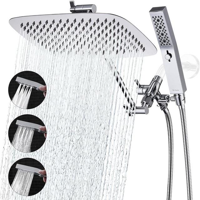 G-Promise All Metal 12 Inch Dual Shower Head with Handheld Spray Combo | Rain Shower Head with Massage Mode Handheld | 3-Way Diverter with Adjustable Extension Arm, 71''Stainless Long Hose