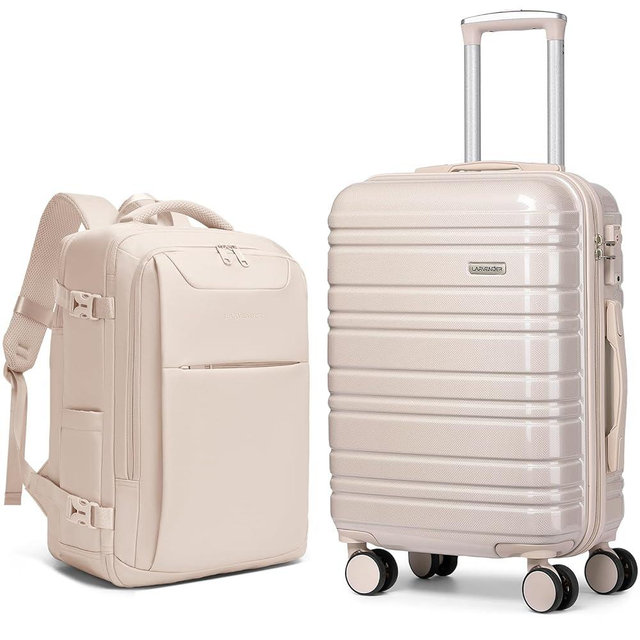 LARVENDER Carry on Luggage 22x14x9 Airline Approved Hardshell Suitcase with Wheels TSA Lock, PC+ABS Lightweight Suitcase Set for Women with Travel Backpack, Glossy Champagne