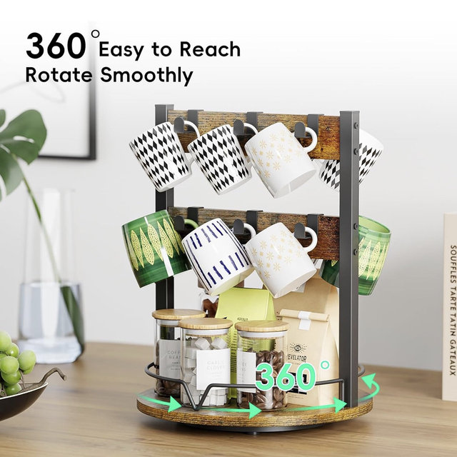 KLM Wood Coffee Mug Holder,12 Hook Mug Tree Holder Rack with Storage Base,Mug Display Organizer,Mug Holders for Home Kitchen,Support 360° rotation for easy access