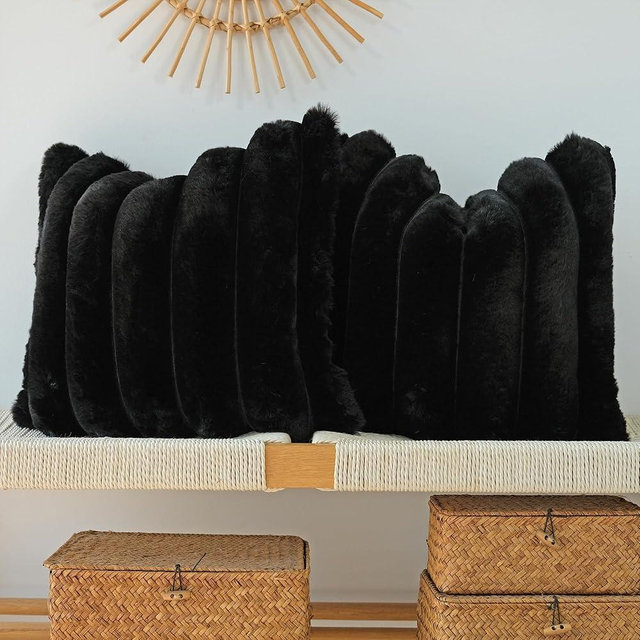 JOJUSIS Pack of 2 Faux Fur Plush Decorative Throw Pillow Covers Couch Cushion Case Soft Fluffy Pillowcases Wide Stripe (Black, 22 x 22 Inch)
