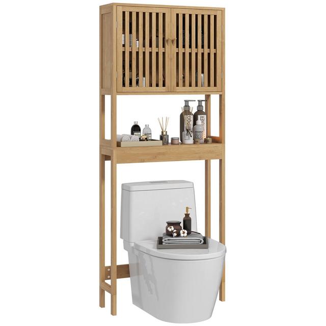 HOMCOM Bamboo Over the Toilet Storage Cabinet, Bathroom Space Saver Above Toilet with Double Slatted Doors, Adjustable Shelf and Open Shelf, Natural