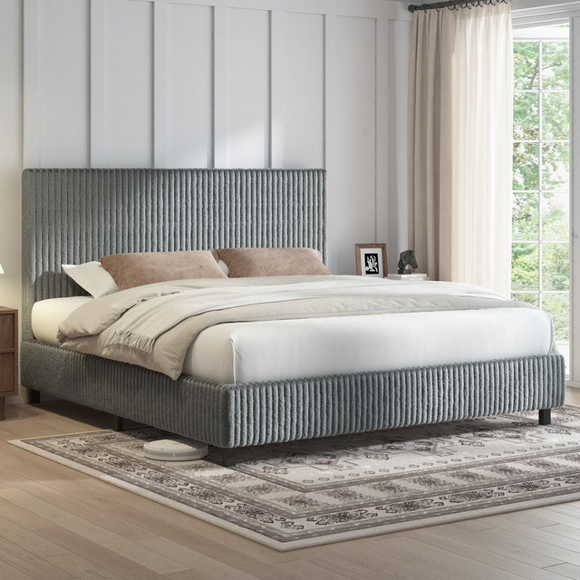 AMERLIFE King Upholstered Platform Bed Frame with Thick Headboard, Metal Slats, Corduroy Grey