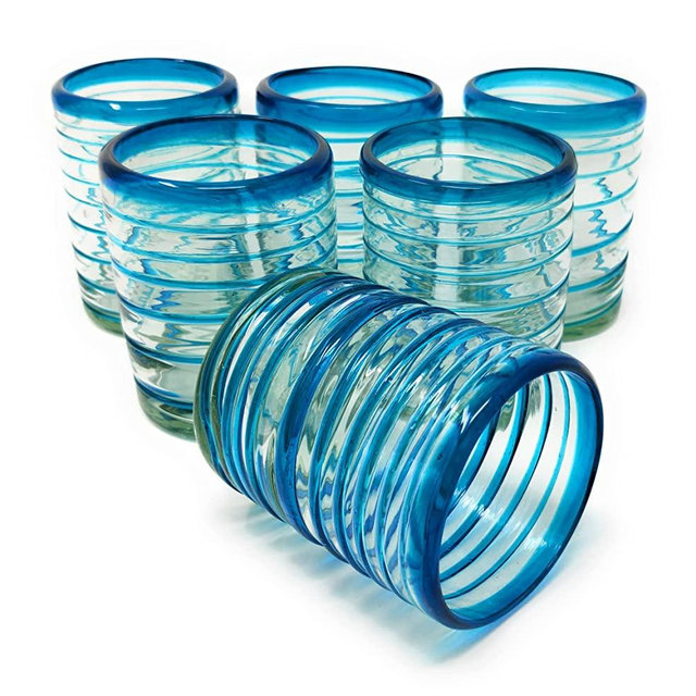 Hand Blown Mexican Drinking Glasses – Set of 6 Tumbler Glasses with an Aqua Spiral Design (10 oz each)