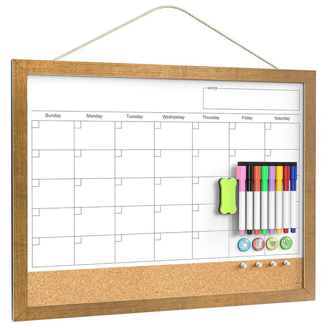 Calendar Whiteboard for Wall, 18x24 Inches White Board Calendar Dry Erase, Magnetic Monthly White Board with Gold Wood Frame, Hanging Dry Erase Board for Kitchen Home Office School Planner