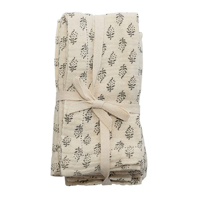 Cotton Napkins with Printed Floral Pattern, Charcoal & Cream Color, Set of 4