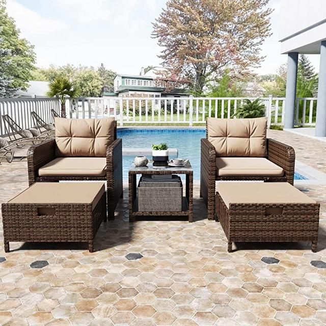 LHBcraft Balcony Furniture 5 Piece Patio Conversation Set, PE Wicker Rattan Outdoor Lounge Chairs with Soft Cushions 2 Ottoman&Glass Table for Porch, Lawn-Brown Wicker (Brown)